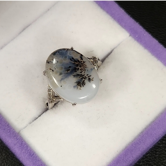 S925 Dendritic Blue agate ring adjustable size band - Picture 3 of 10